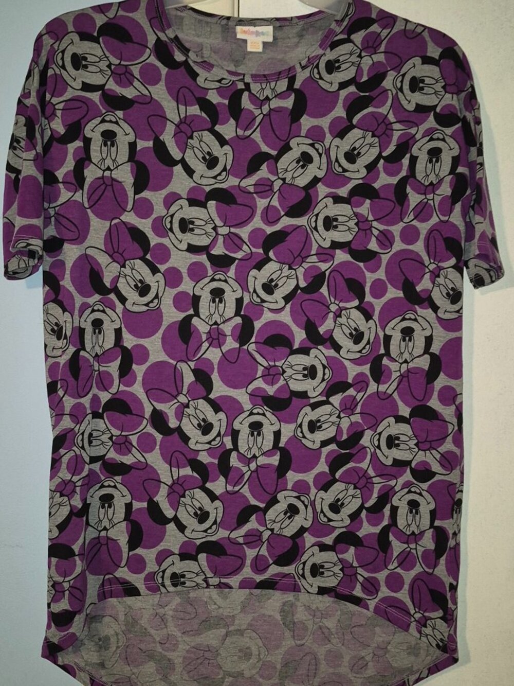 LuLaRoe Tunic Top Purple Gray Minnie Mouse Polka Dots Women's Size XXS NWOT